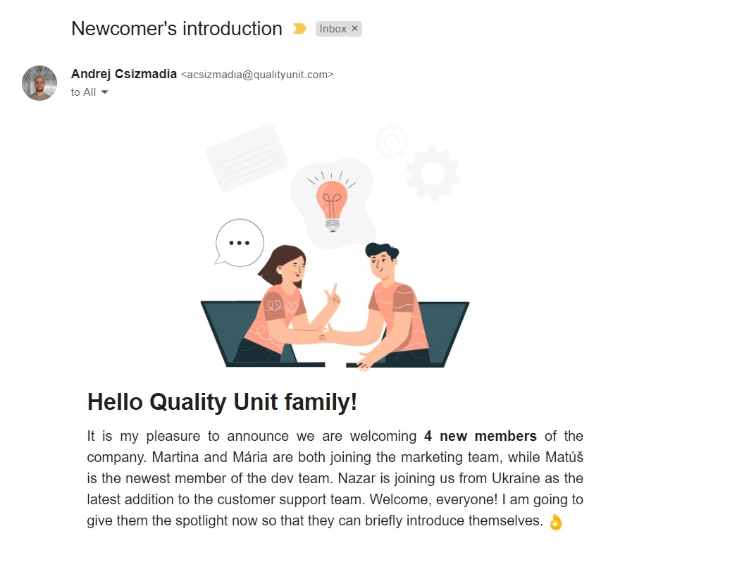 Email de introducere a noilor veniți Quality Unit