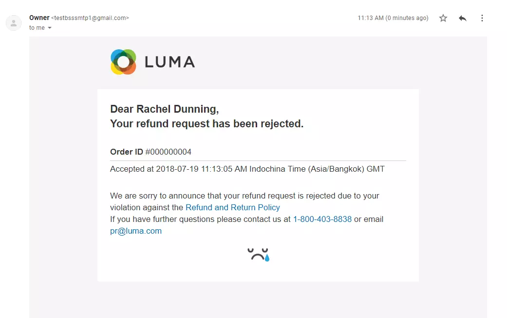 Exemplu de email de respingere a cererii de rambursare