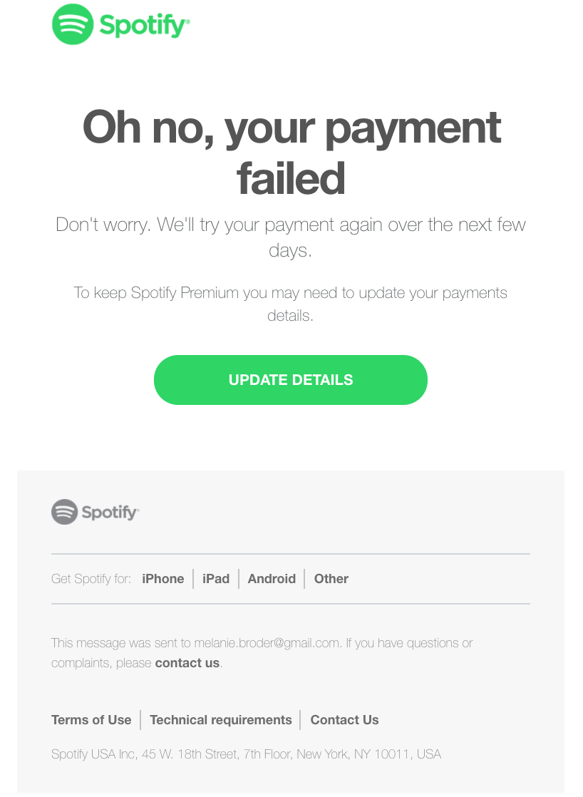 Exemplu de e-mail de dunning Spotify