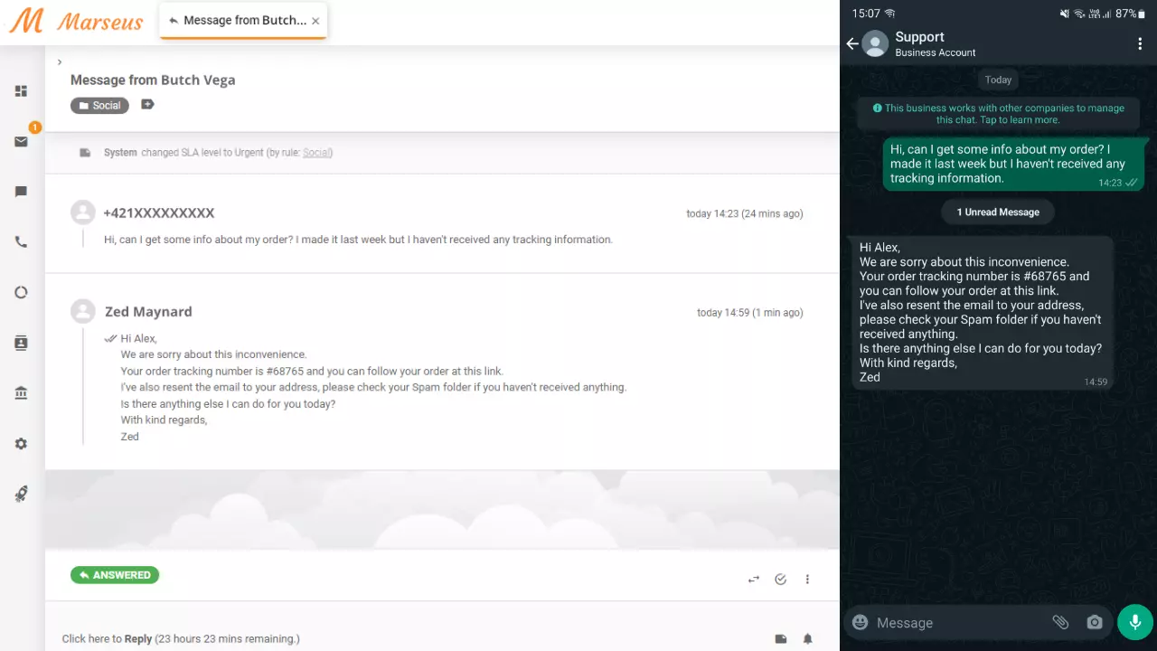 Mesaj WhatsApp afișat ca bilet în LiveAgent