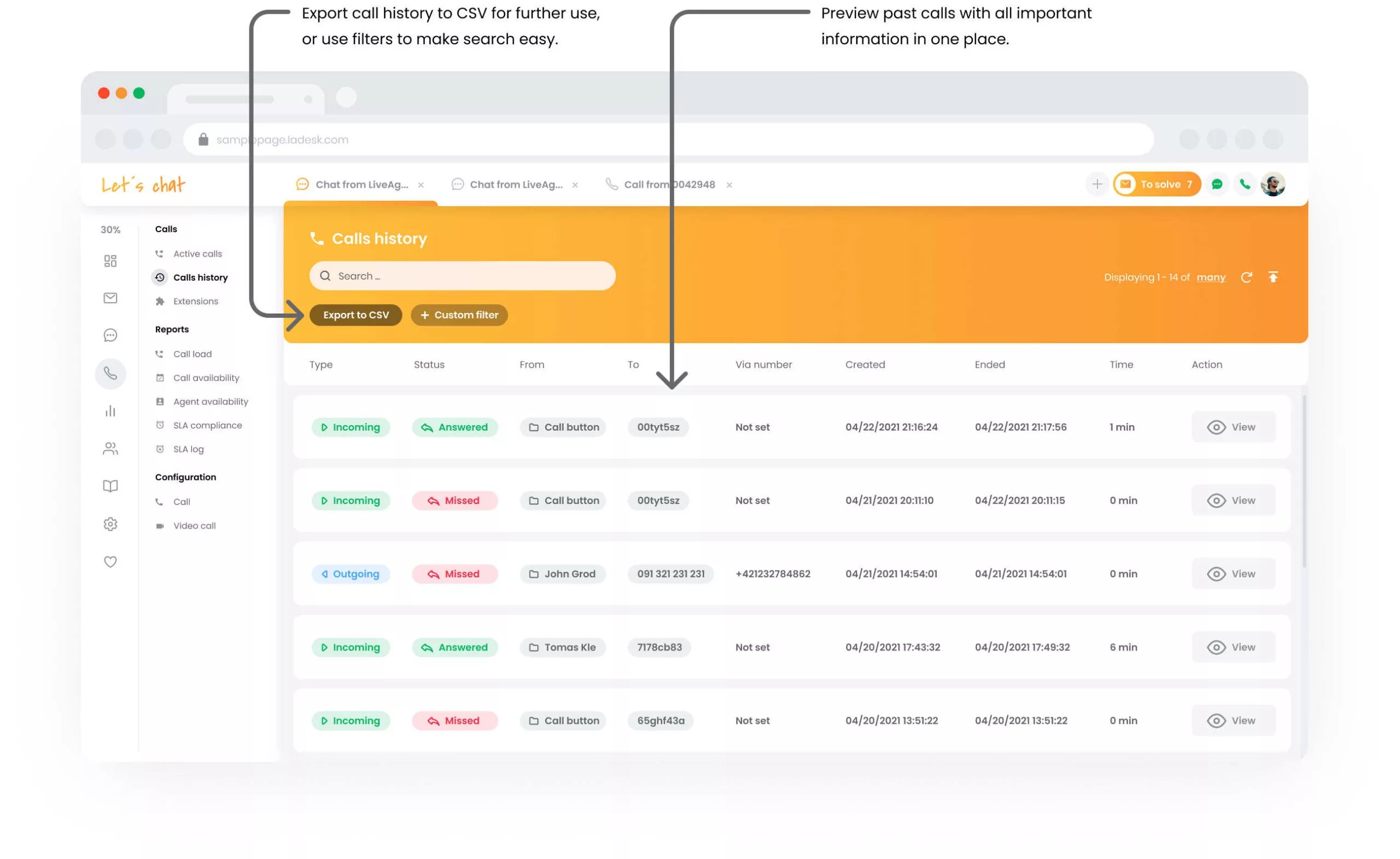 Istoricul apelurilor LiveAgent