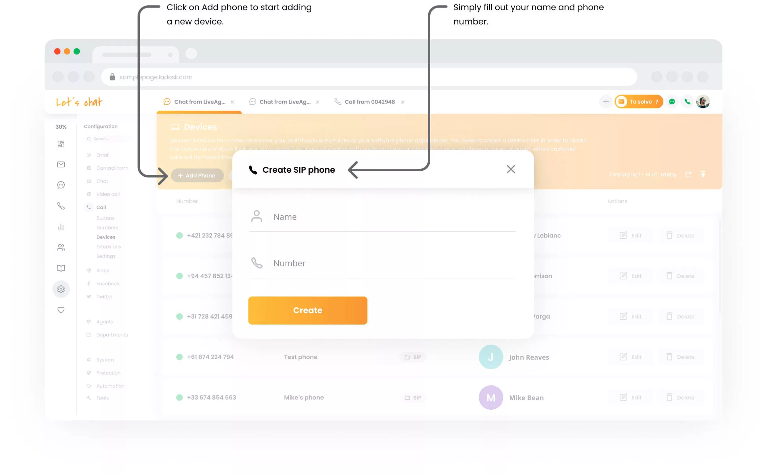 Dispozitive de apel LiveAgent