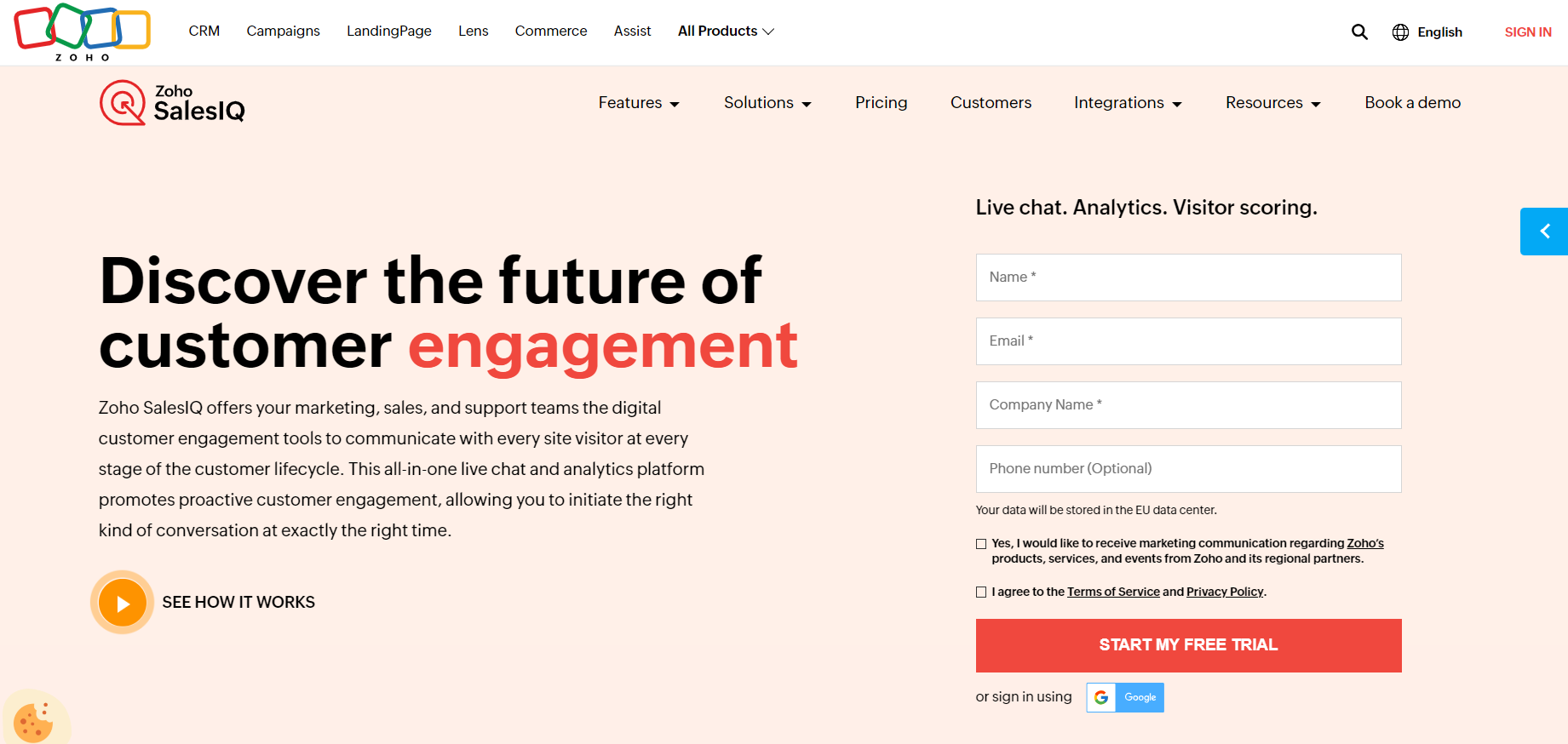 Pagina de start Zoho SalesIQ - software live chat ecommerce pentru angajamentul clienților