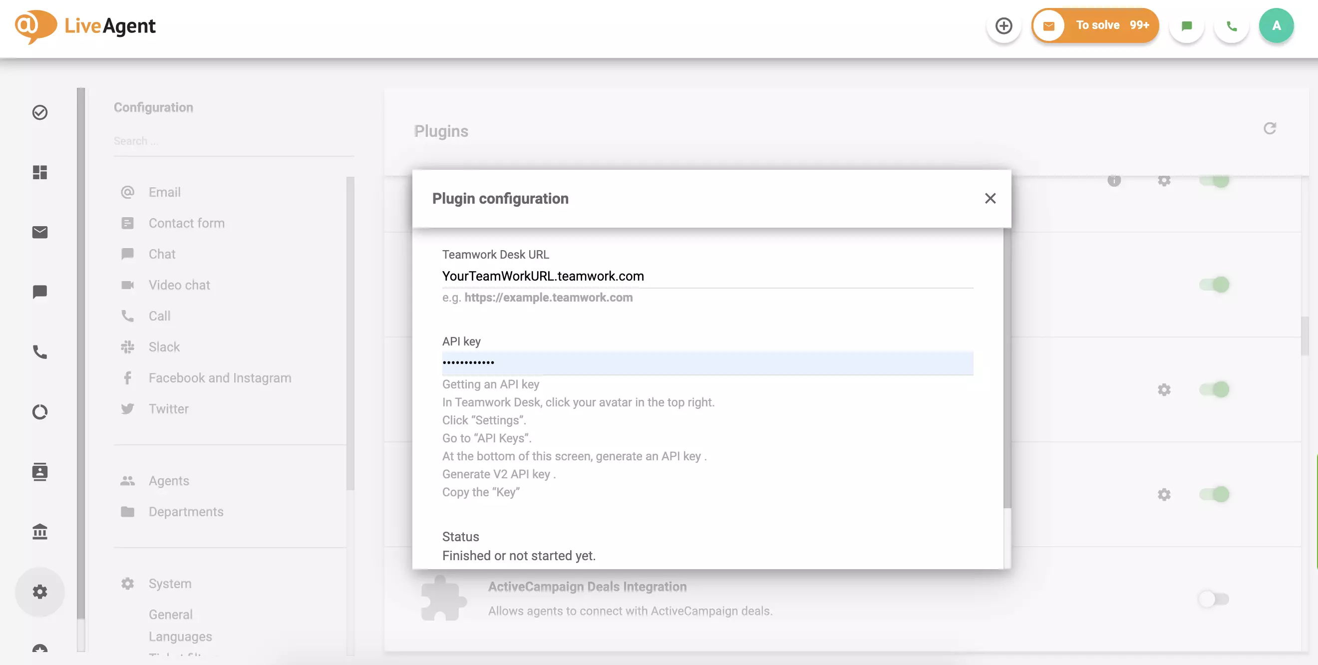 Completați URL-ul și API-ul Teamwork Desk, apoi faceți clic pe Salvare.