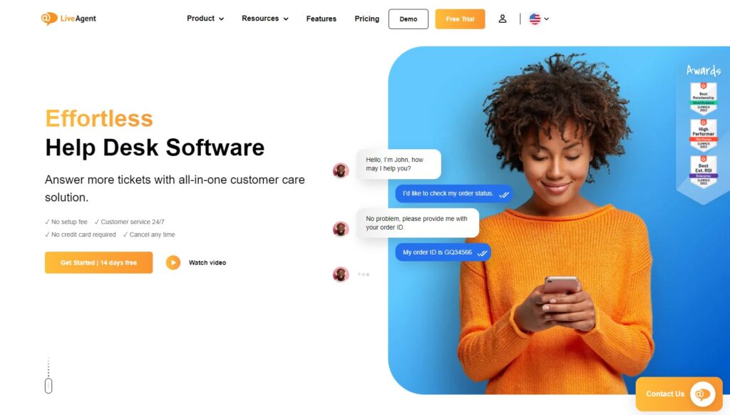Pagina de pornire LiveAgent prezentând caracteristicile software-ului de gestionare a e-mailurilor