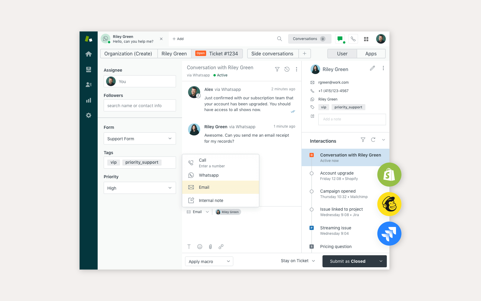 Interfața call center Zendesk